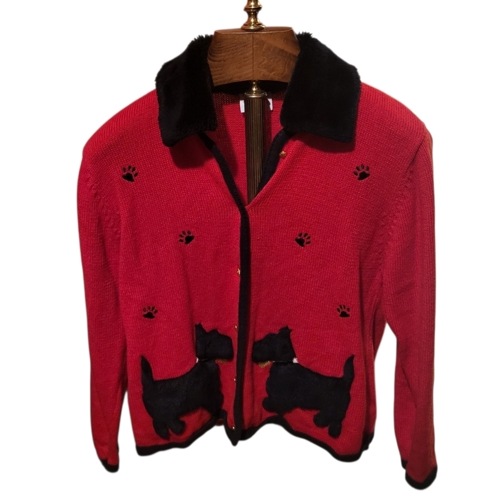 Vintage Crystal Kobe Sweater Red Scottie Dog Pawprint Black Faux Fur Size Small